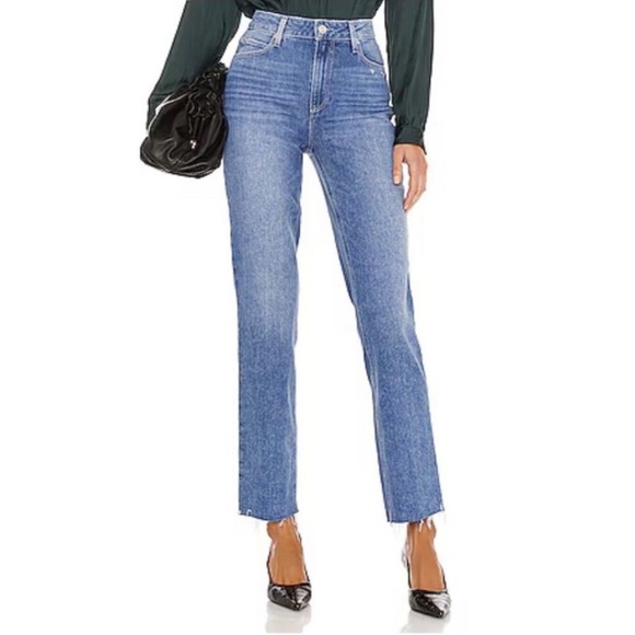 PAIGE Denim - PAIGE High Rise Sarah Straight Ankle Cropped Raw Hem Jeans in Cowgirl Distressed
